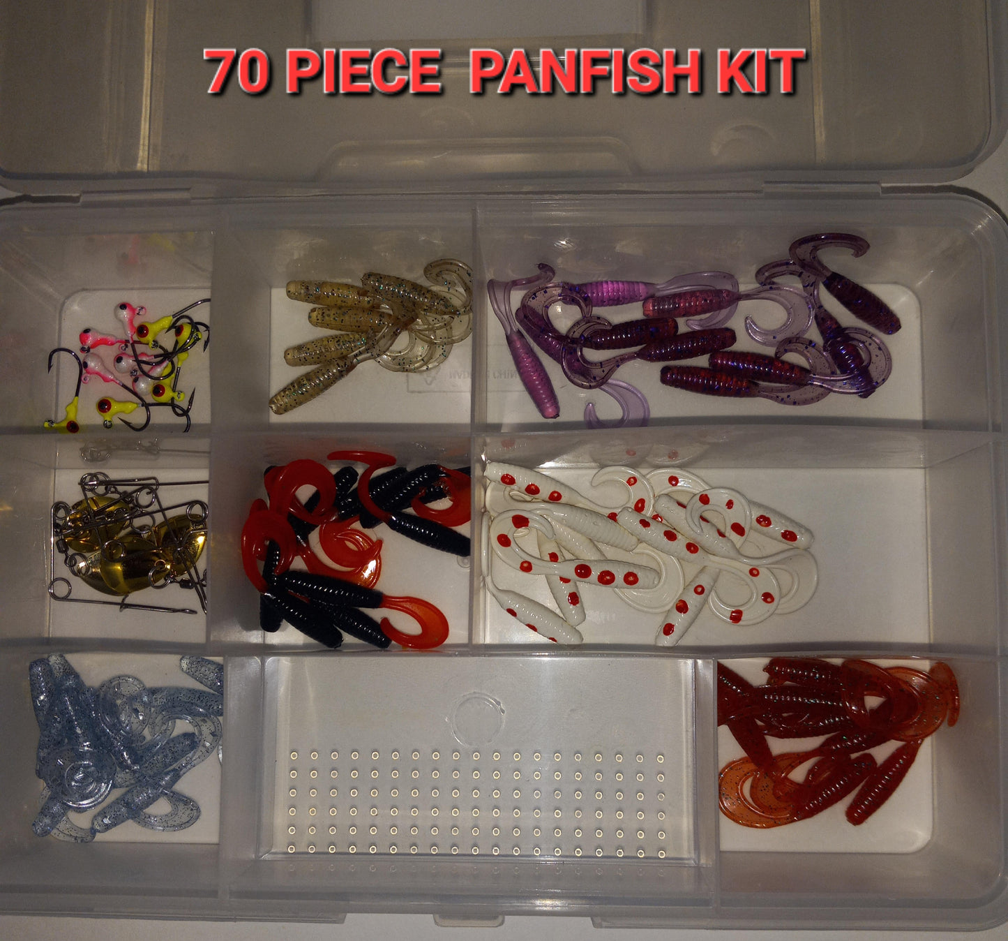 70 PIECE PANFISH KIT WITH STORAGE BOX (CURLY TAIL GRUBS)