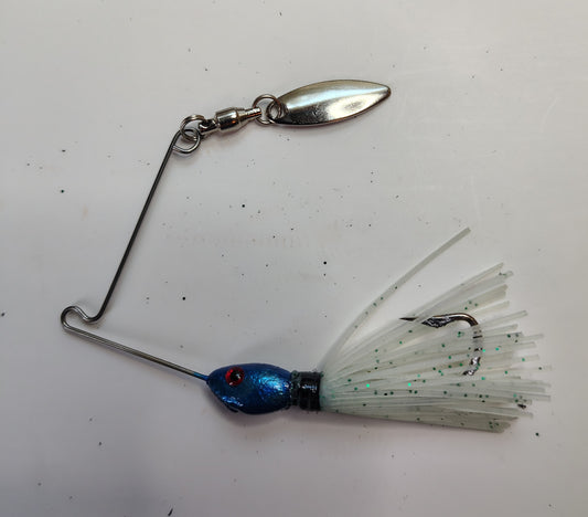 Panfish spinner. Blue head With silver willow leaf spinner. Glow in the dark hand tied skirt.