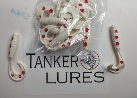 10 pack of white with red spots 2 inch curly tail grub